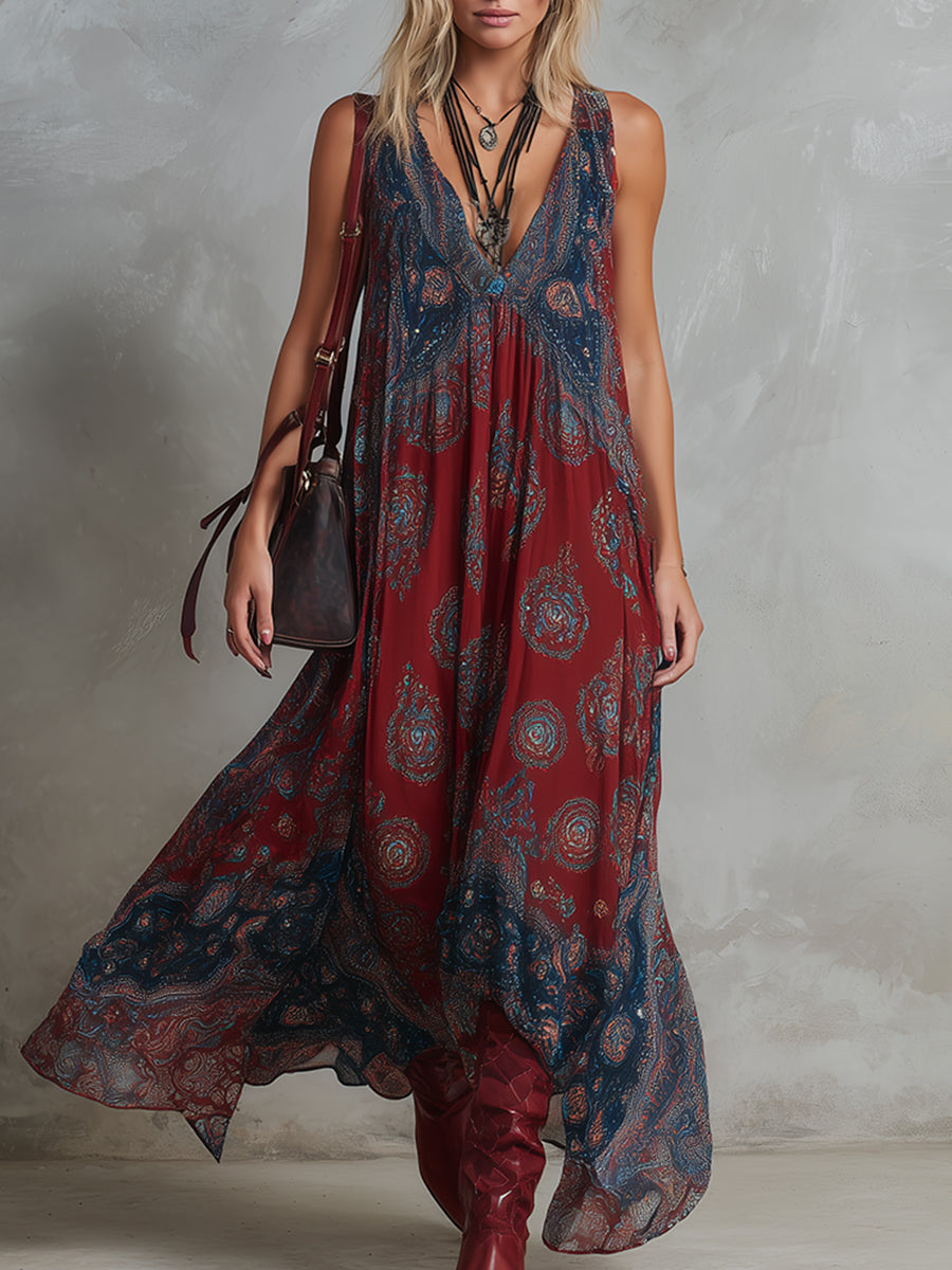 Savannah | Boho Print Sleeveless Maxi Dress with V Neck