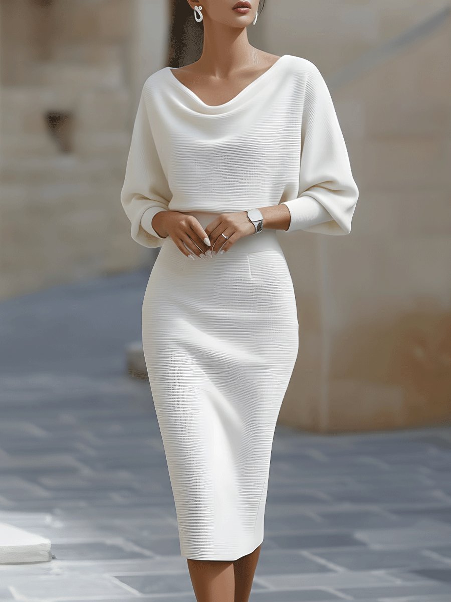 Camille | Batwing Sleeve Midi Dress with Cowl Neck