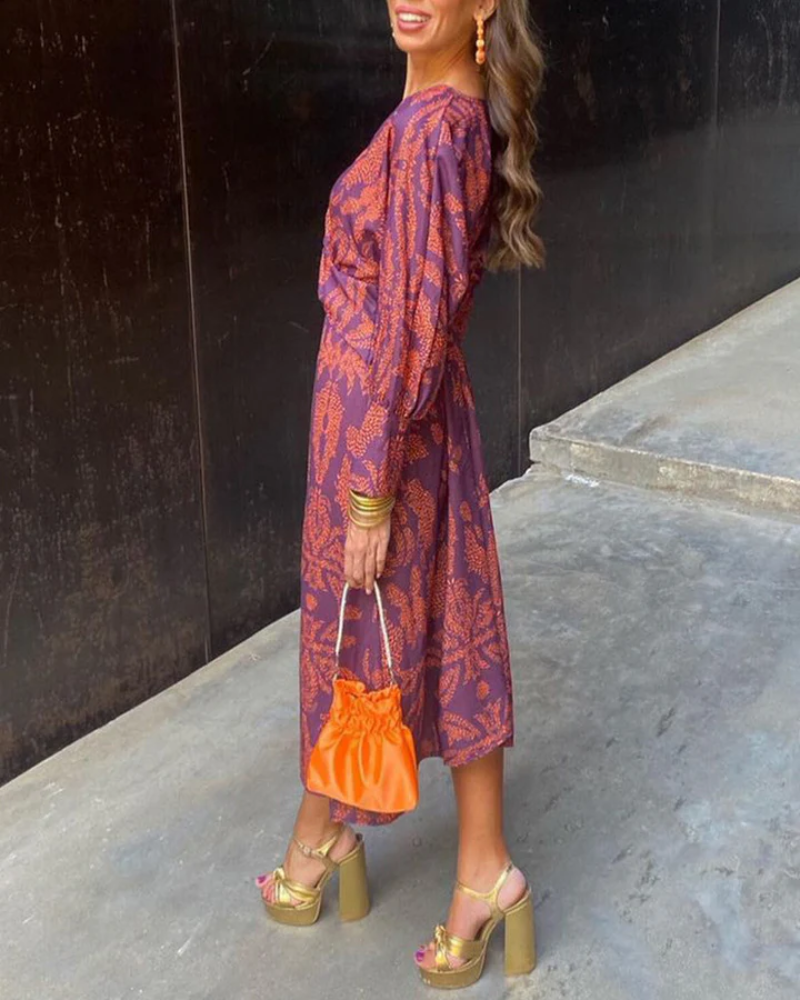 Valentina | Long Sleeve Print Maxi Dress with V Neck