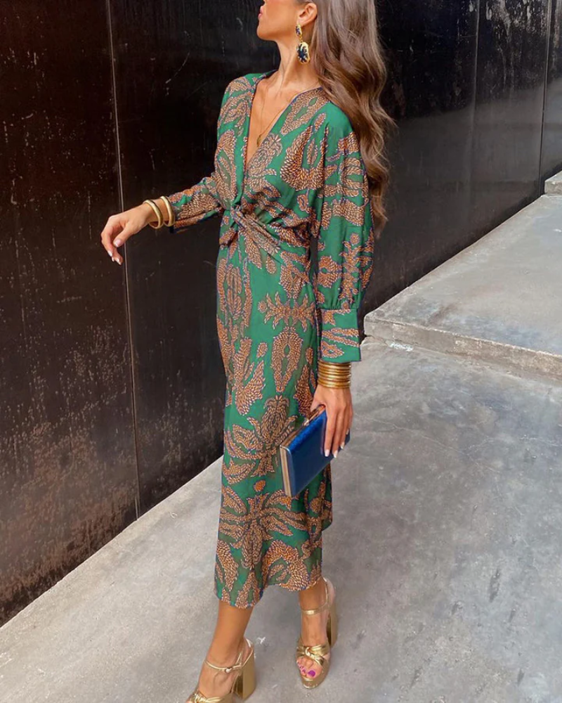 Valentina | Long Sleeve Print Maxi Dress with V Neck