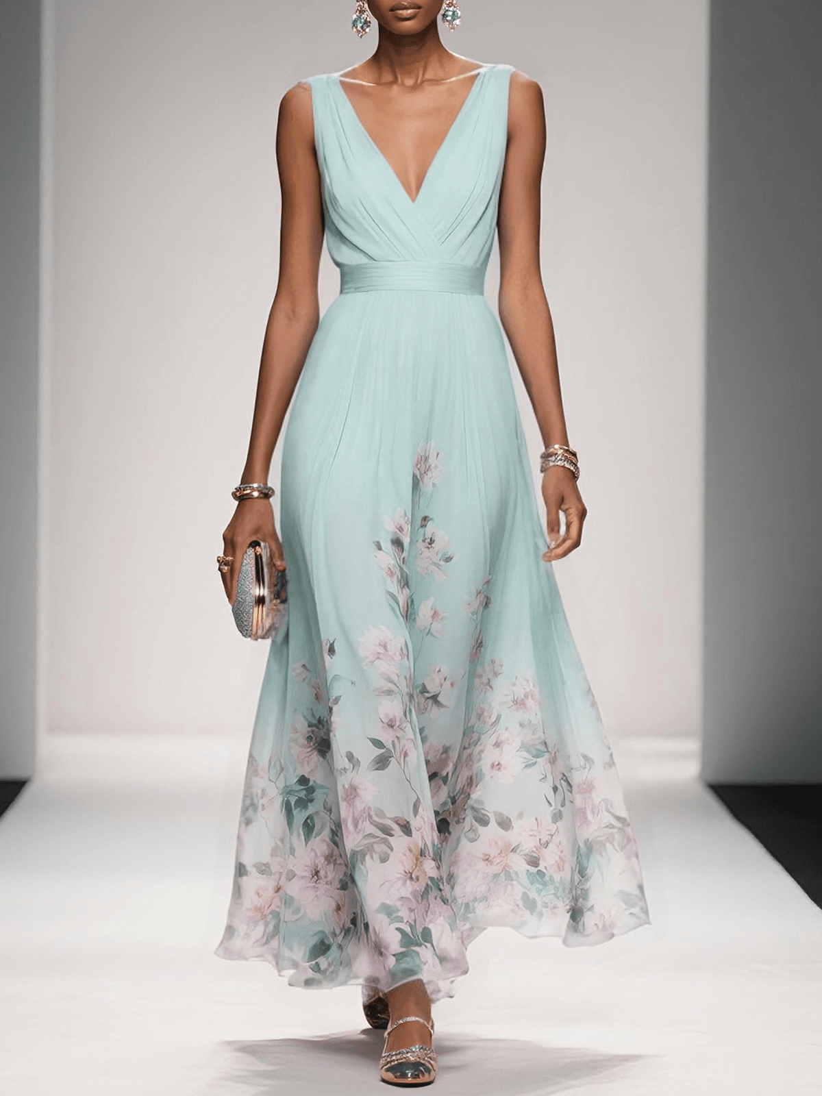 Serena | Elegant Floral V Neck Maxi Dress for Wedding Guests