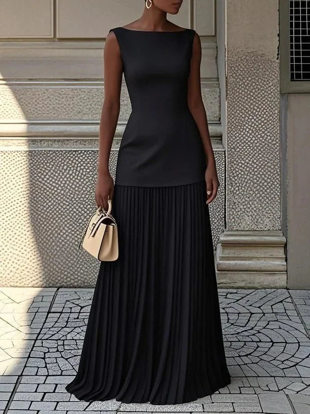 Camille | Boat Neck Pleated Maxi Dress