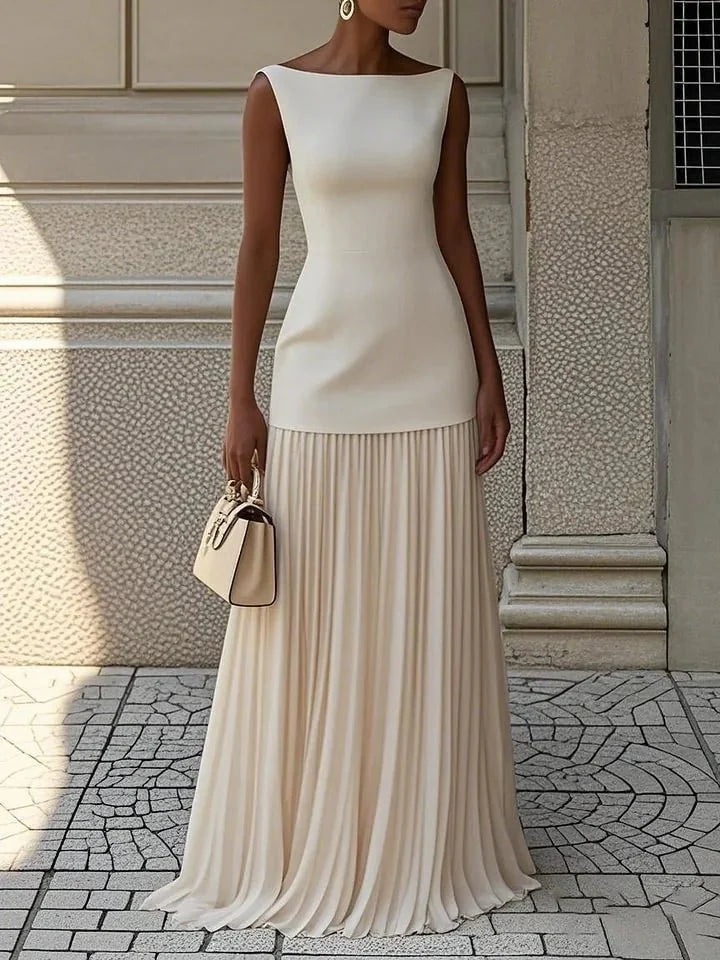 Camille | Boat Neck Pleated Maxi Dress