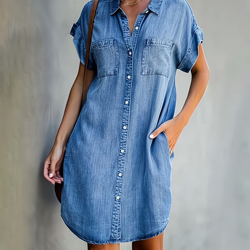 Evelyn | Denim Shirt Midi Dress with Button-Down Front and Chest Pockets