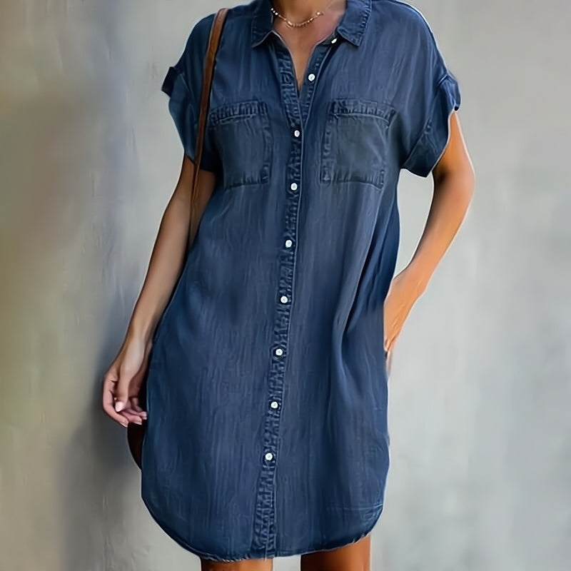 Evelyn | Denim Shirt Midi Dress with Button-Down Front and Chest Pockets