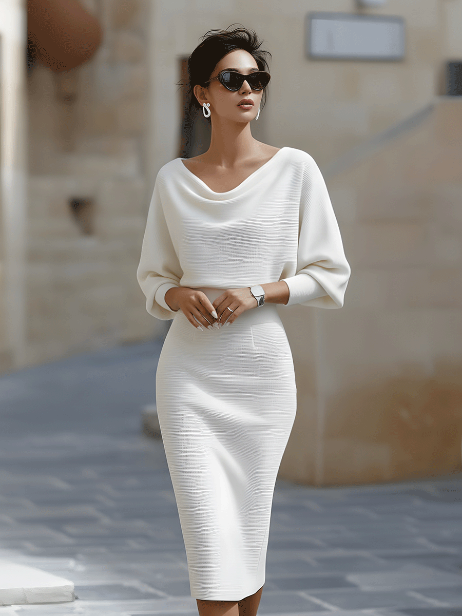 Elara | Draped Neck Batwing Sleeve Midi Dress
