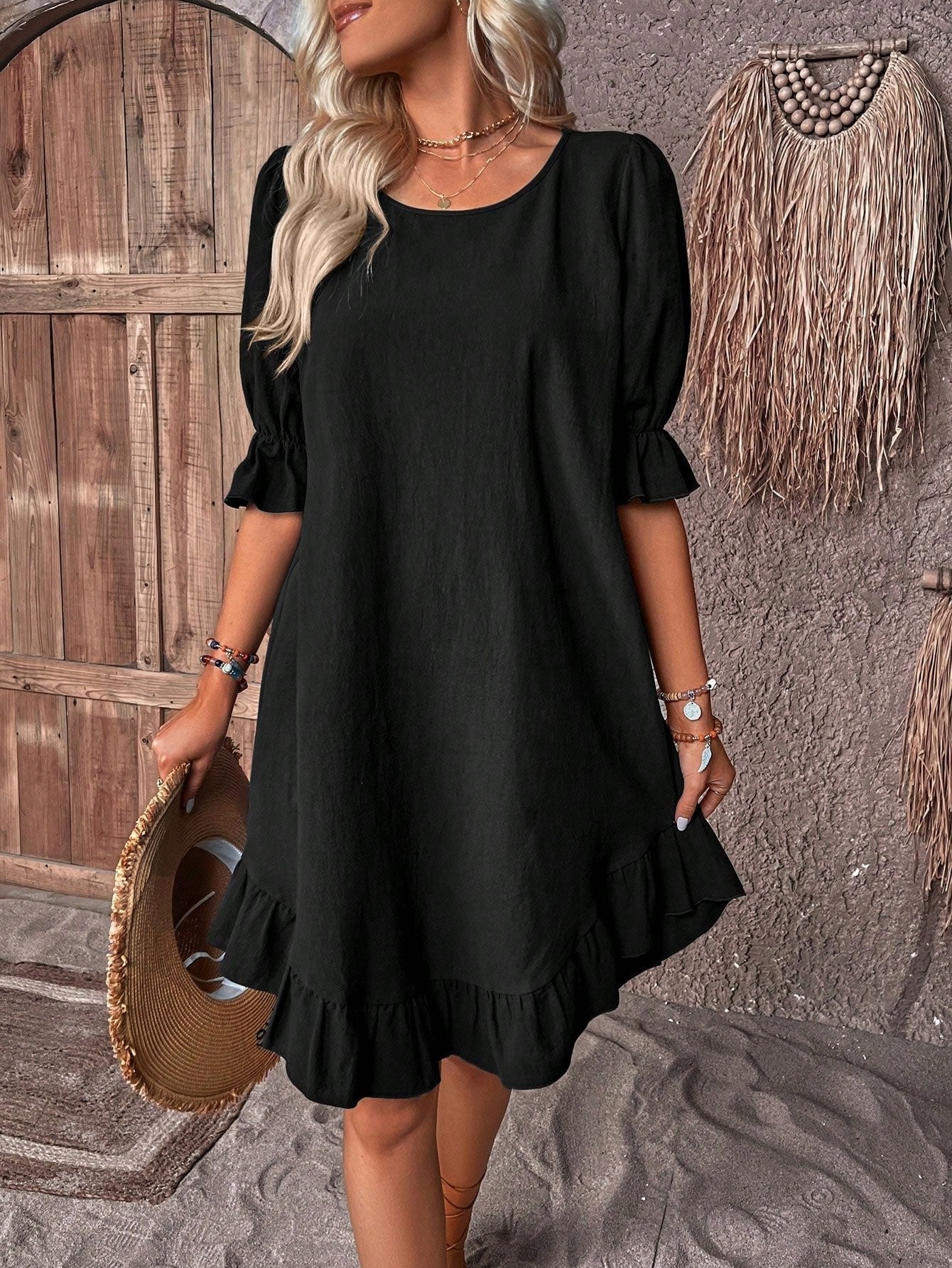 Isolde | Ruffle Hem A-Line Mini Dress with Puff Sleeves