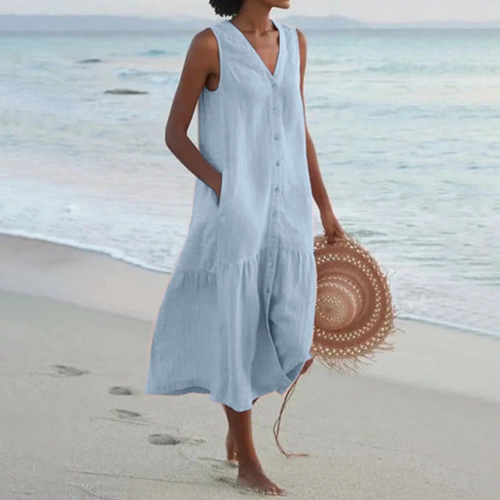 Calista | Sleeveless Button-Front Tiered Midi Dress
