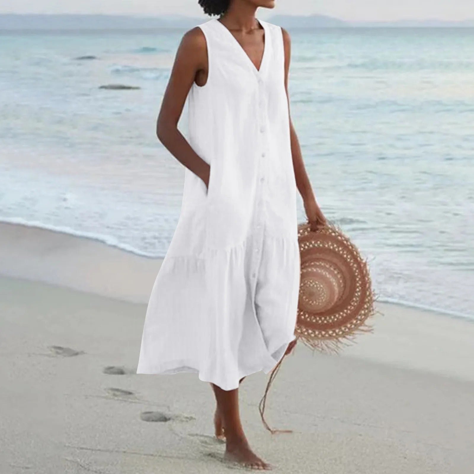 Calista | Sleeveless Button-Front Tiered Midi Dress