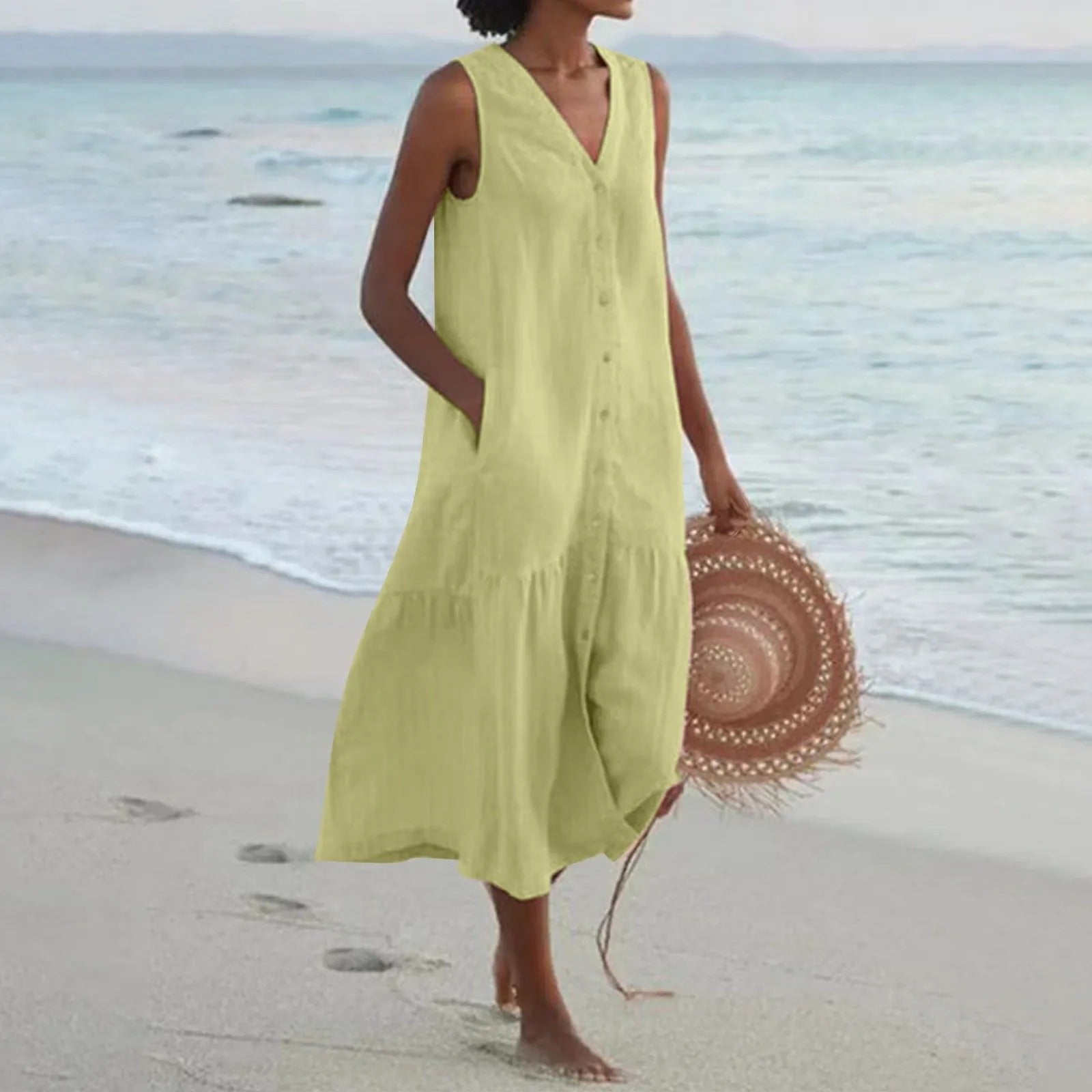 Calista | Sleeveless Button-Front Tiered Midi Dress