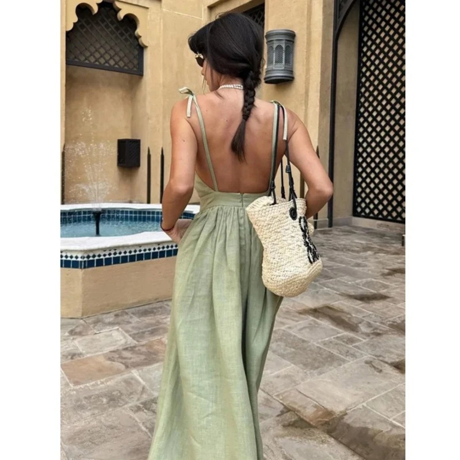 Althea | Sleeveless Open-Back A-Line Maxi Dress with Tie Straps