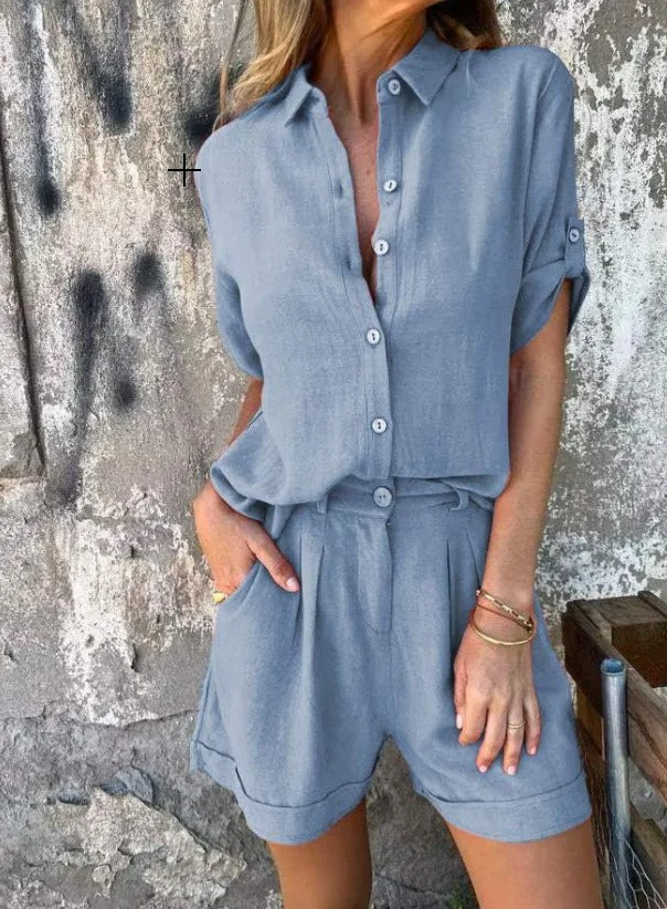 Dixie - Button Front Short Sleeve Blouse Set