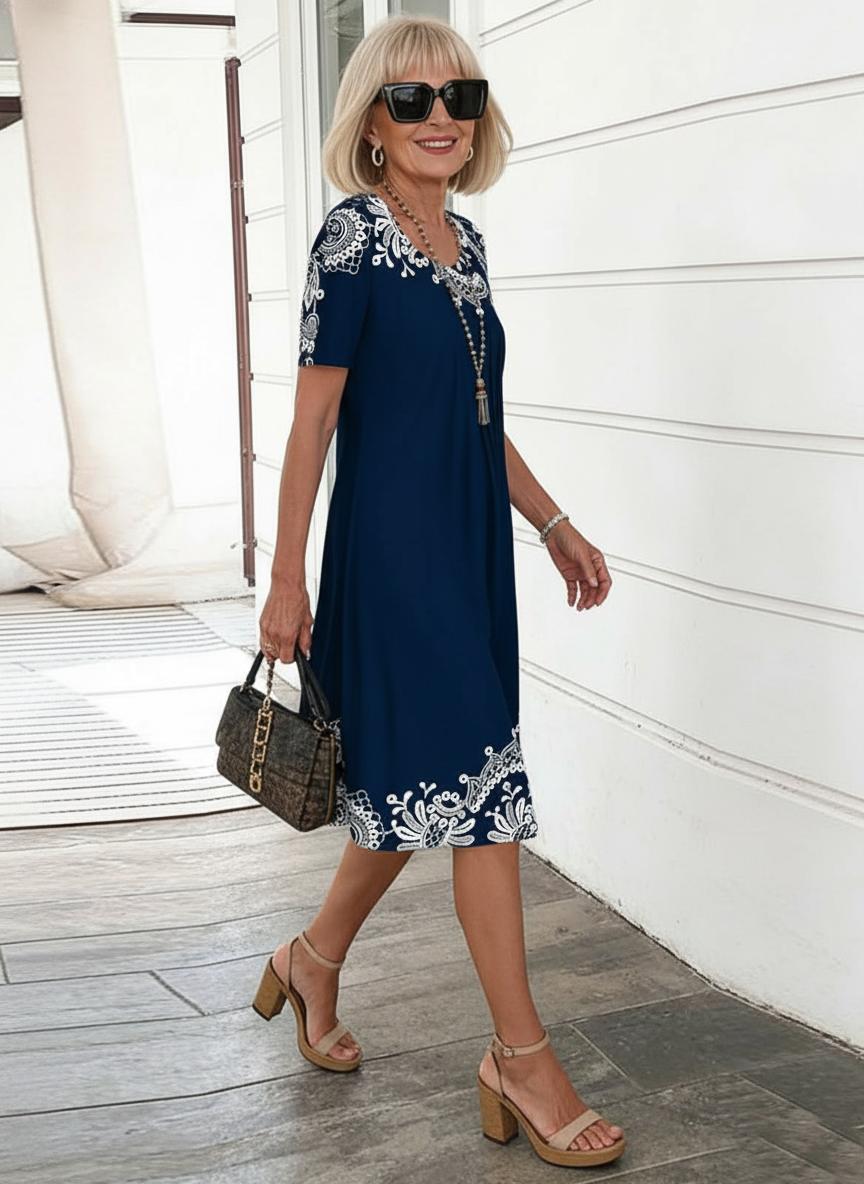 Clara | Women's Floral A-Line Midi Dress with Round Neckline