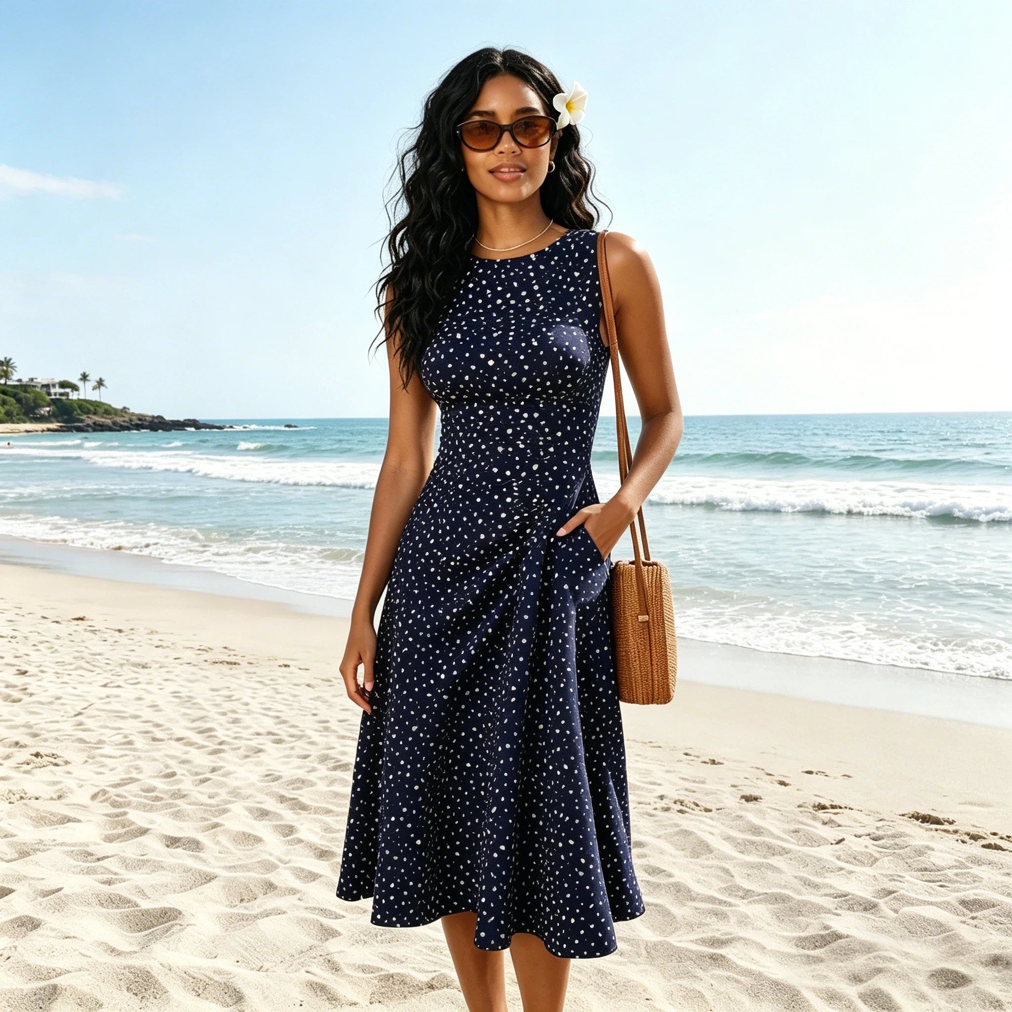 Elena | Women's Polka Dot Midi Dress with Sleeveless Fit & Flare Design
