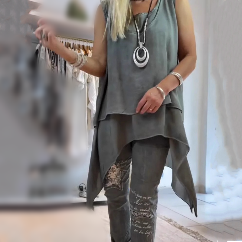 MIREYA™ - Asymmetrical Top &amp; Floral Pants Set