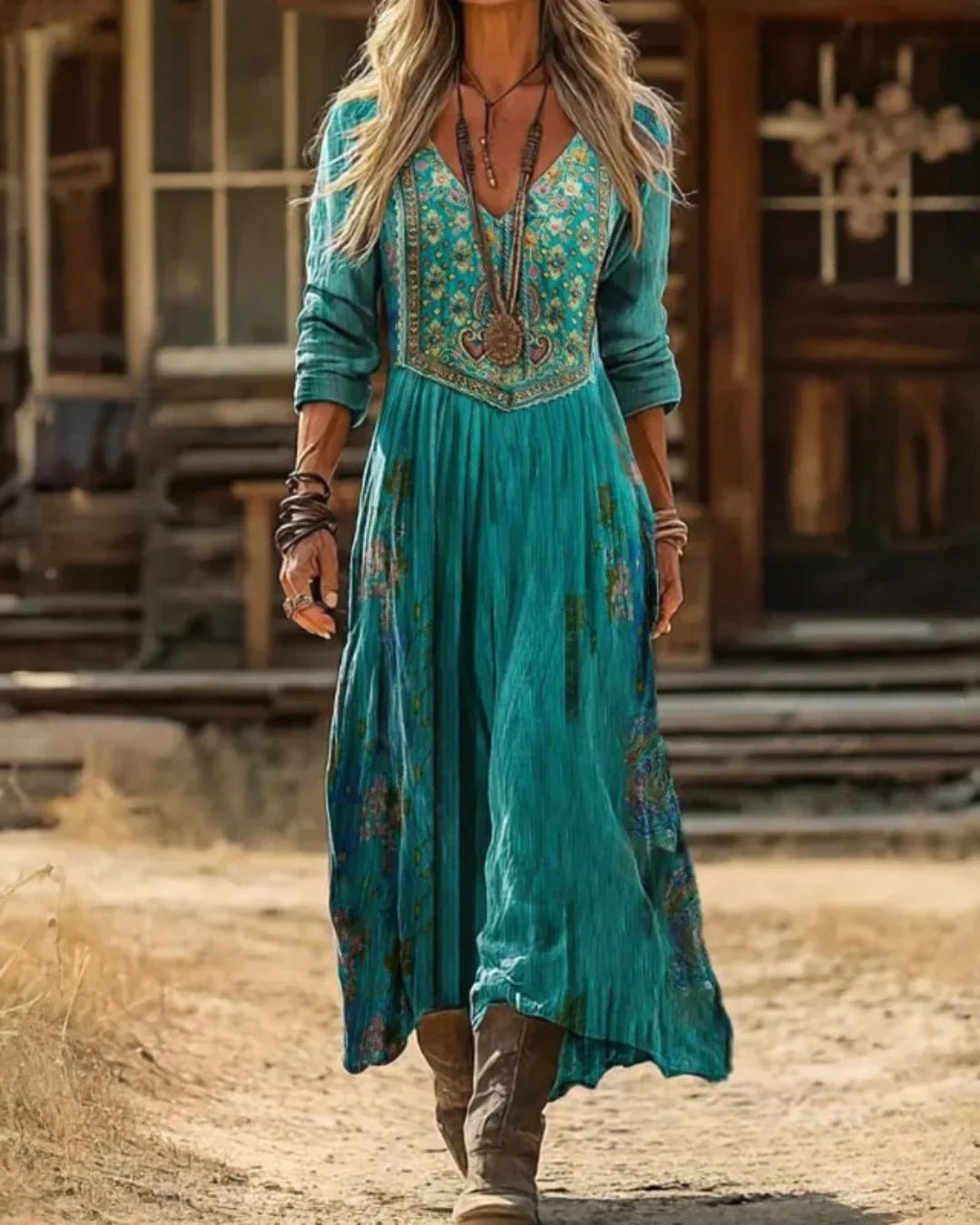 Tamara | Boho Embroidered V Neck Maxi Dress Long Sleeve Dress