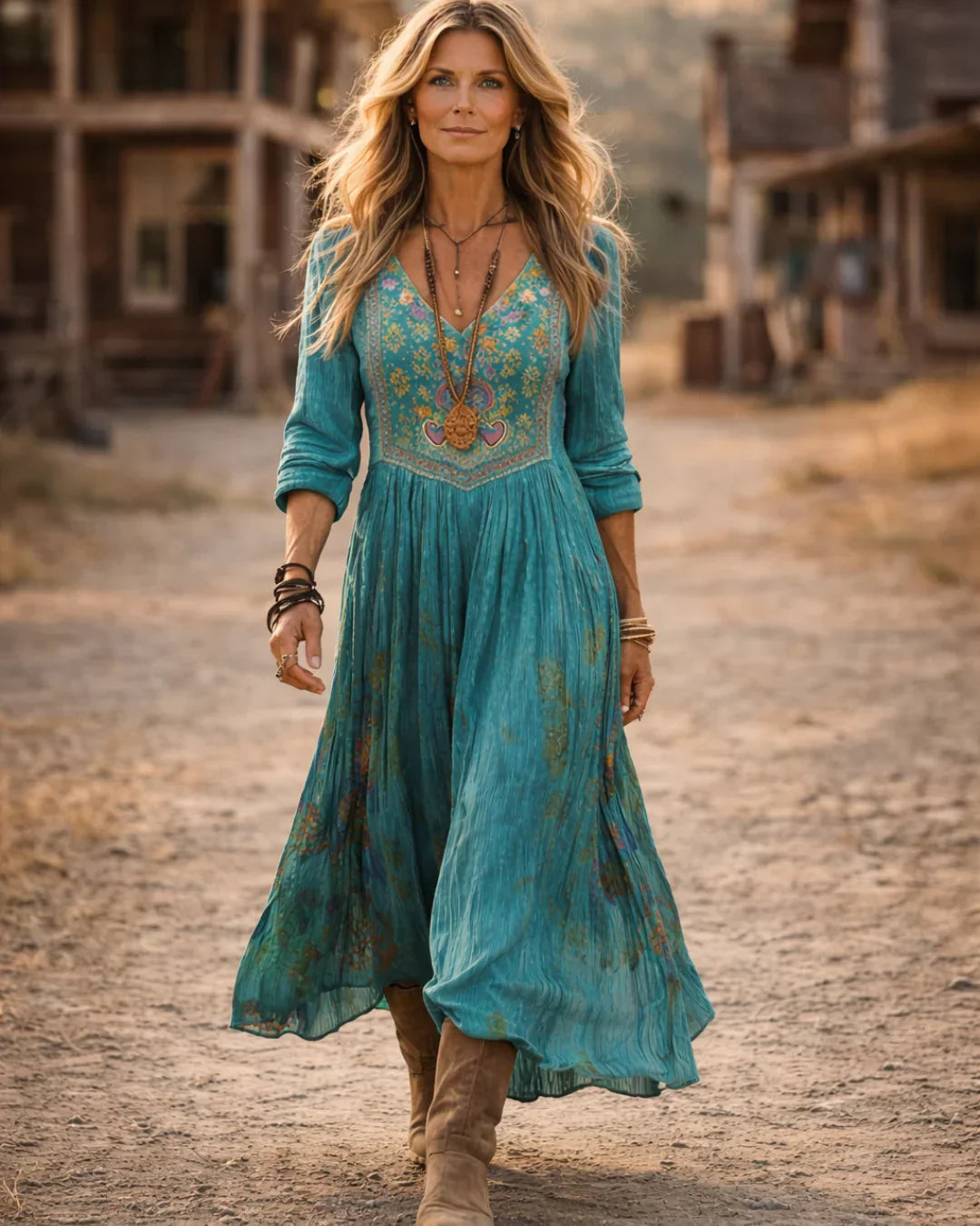 Tamara | Boho Embroidered V Neck Maxi Dress Long Sleeve Dress
