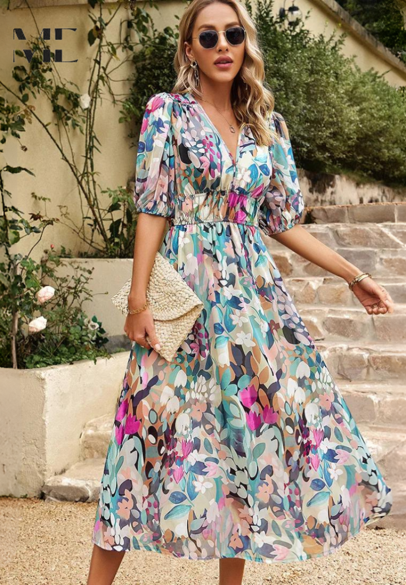 Jasmine | Elegant Floral V Neck Midi Dress