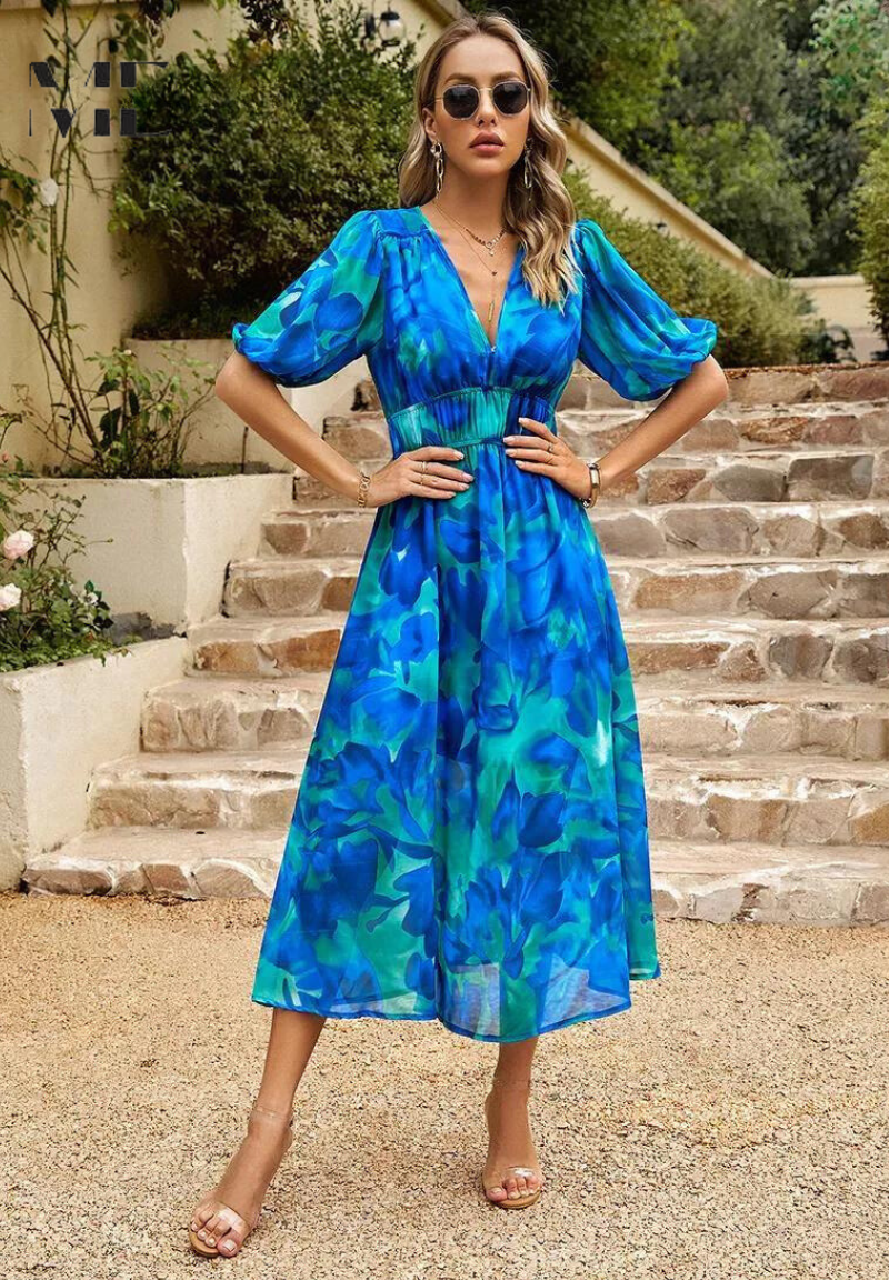 Jasmine | Elegant Floral V Neck Midi Dress
