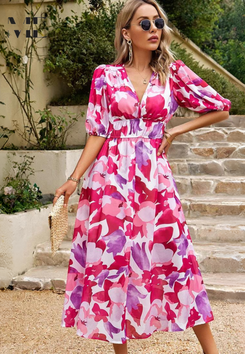 Jasmine | Elegant Floral V Neck Midi Dress