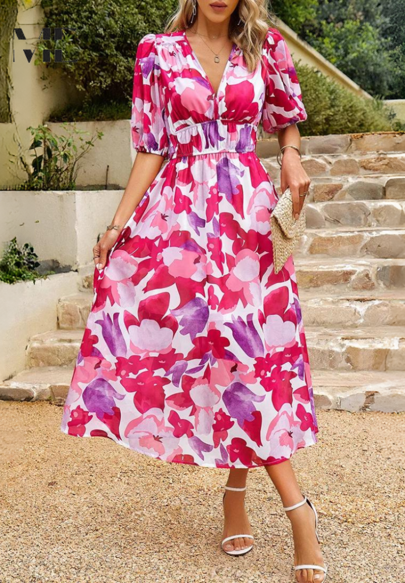Jasmine | Elegant Floral V Neck Midi Dress