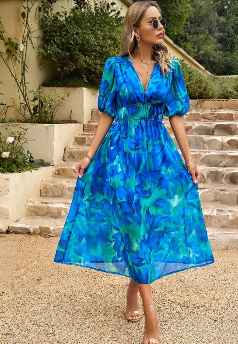 Jasmine | Elegant Floral V Neck Midi Dress