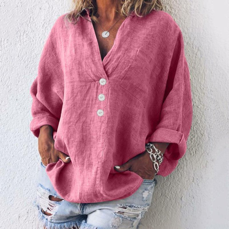 Elysia | Linen Button-Up Blouse with V-Neck and Roll-Tab Sleeves