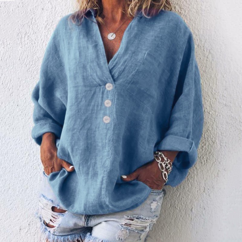 Elysia | Linen Button-Up Blouse with V-Neck and Roll-Tab Sleeves
